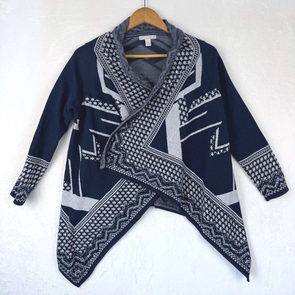 Dana Buchman Navy Blue White Geometric Cotton Open Front Cardigan Sweater Mens M